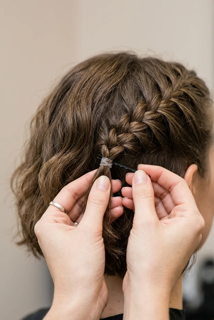 Close-up of hands securing braid ends with clear elastic and bobby pins using double-security method