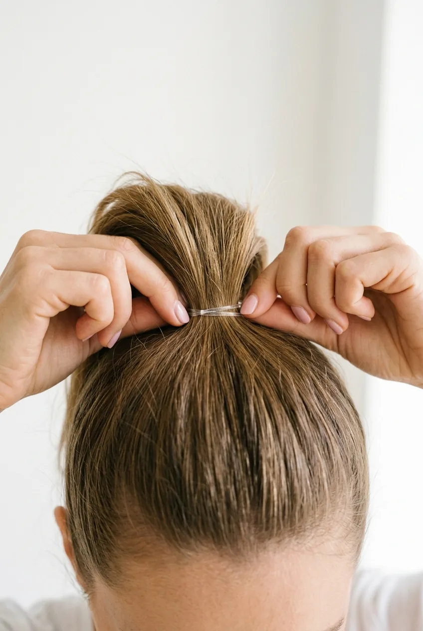 Close-up of hands securing first clear elastic band around high ponytail