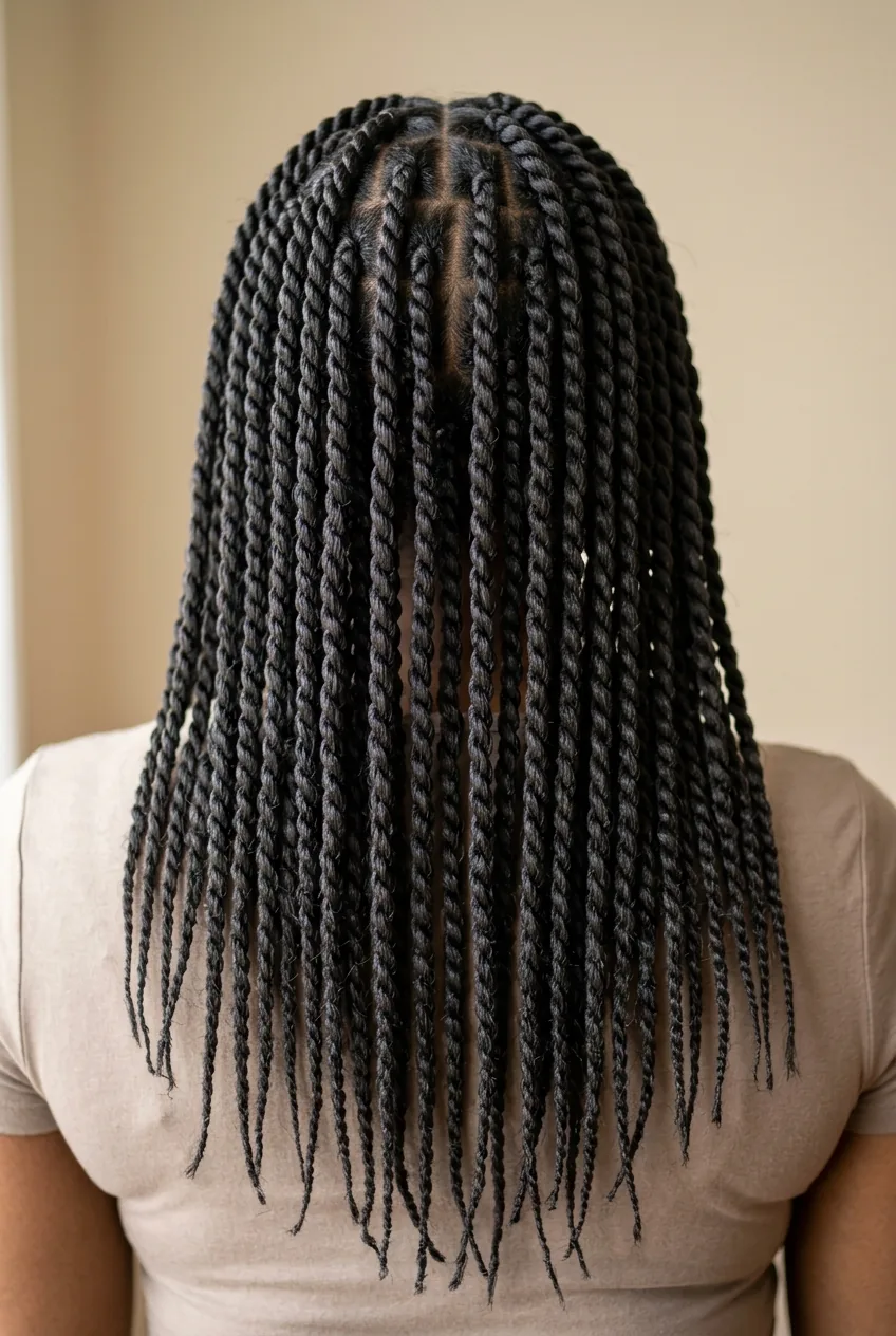 Long Senegalese twists showing rope-like two-strand twist pattern