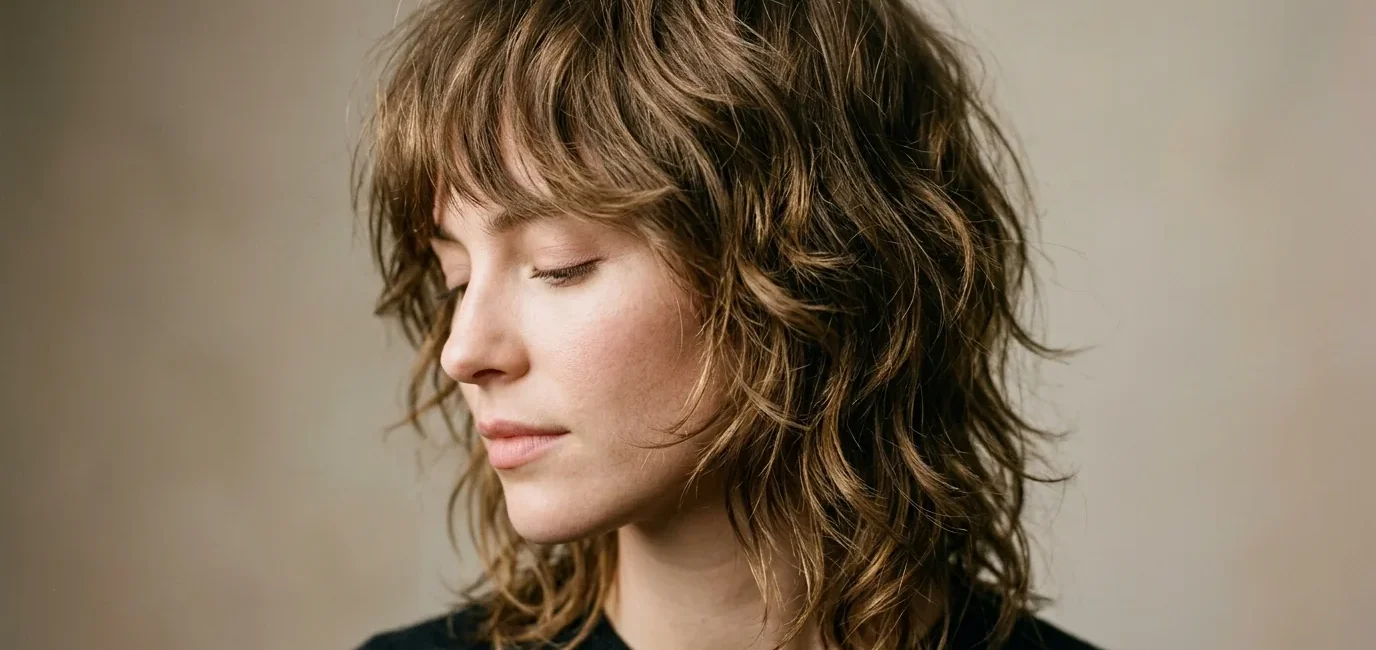 Woman with textured shag haircut and wispy bangs in editorial lighting showing layered movement