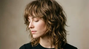Woman with textured shag haircut and wispy bangs in editorial lighting showing layered movement