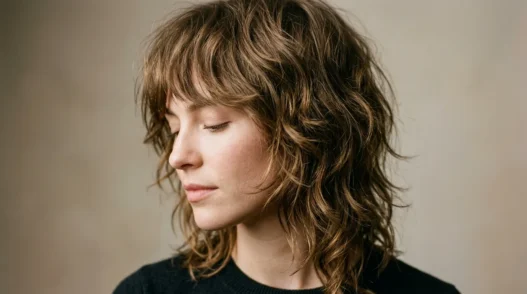 Woman with textured shag haircut and wispy bangs in editorial lighting showing layered movement