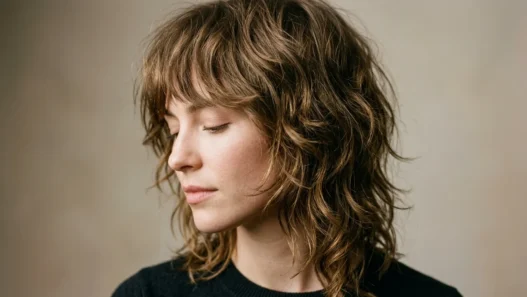 Woman with textured shag haircut and wispy bangs in editorial lighting showing layered movement