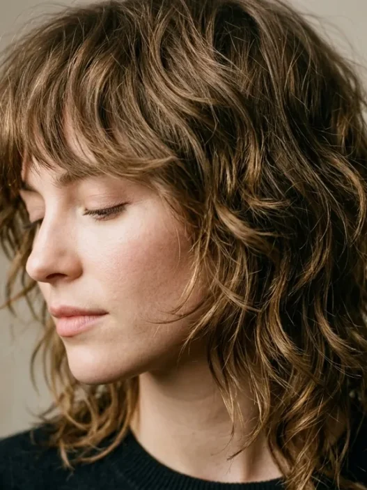 Woman with textured shag haircut and wispy bangs in editorial lighting showing layered movement