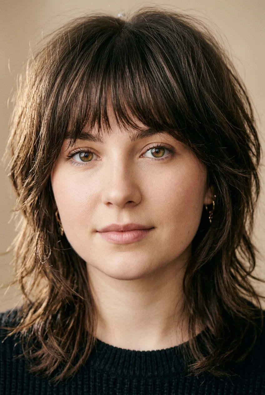 Shag haircut with bangs on round face showing layer structure and flattering bang placement