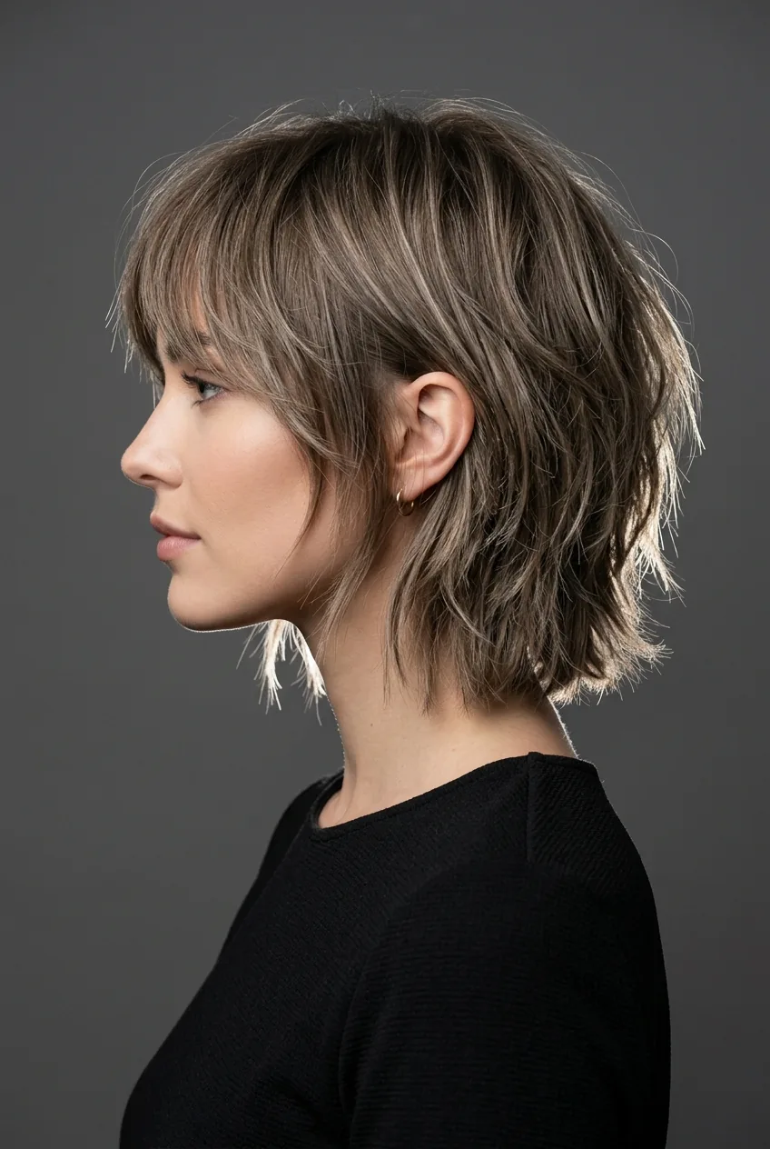 Woman with shag-bob hybrid displaying textured layers within structured bob shape