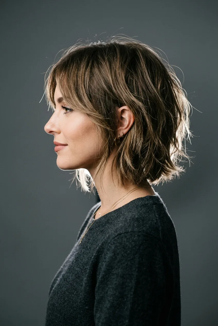 Woman with shaggy bob featuring face-framing layers and textured movement