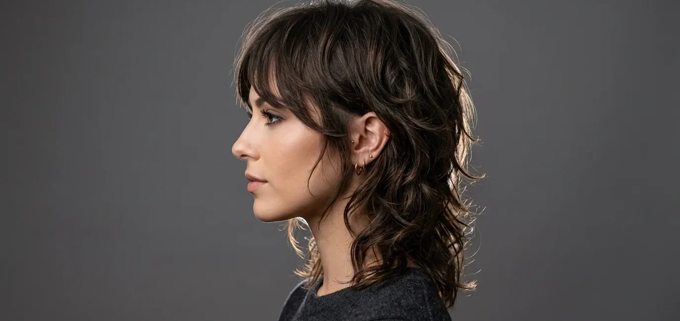 Woman with layered shaggy haircut showing textured movement in side profile studio shot