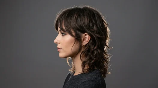 Woman with layered shaggy haircut showing textured movement in side profile studio shot