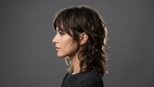 Woman with layered shaggy haircut showing textured movement in side profile studio shot