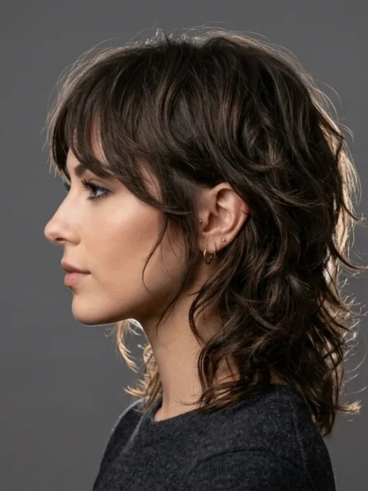 Woman with layered shaggy haircut showing textured movement in side profile studio shot