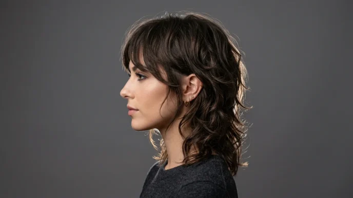 Woman with layered shaggy haircut showing textured movement in side profile studio shot