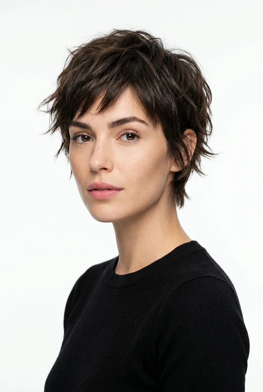 Woman with shaggy pixie cut featuring choppy layers and textured movement