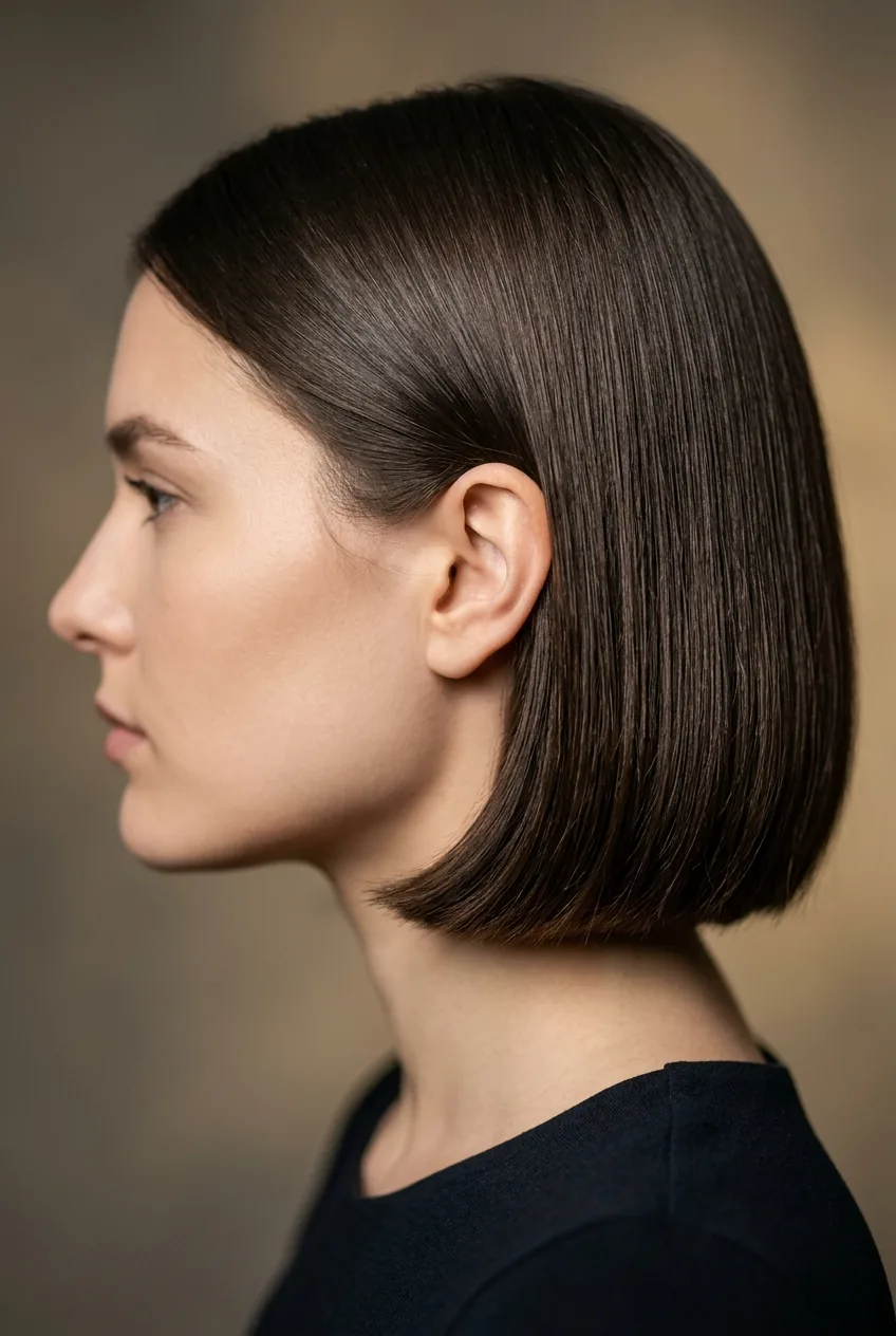 Sharp classic bob on square face shape with sleek straight styling