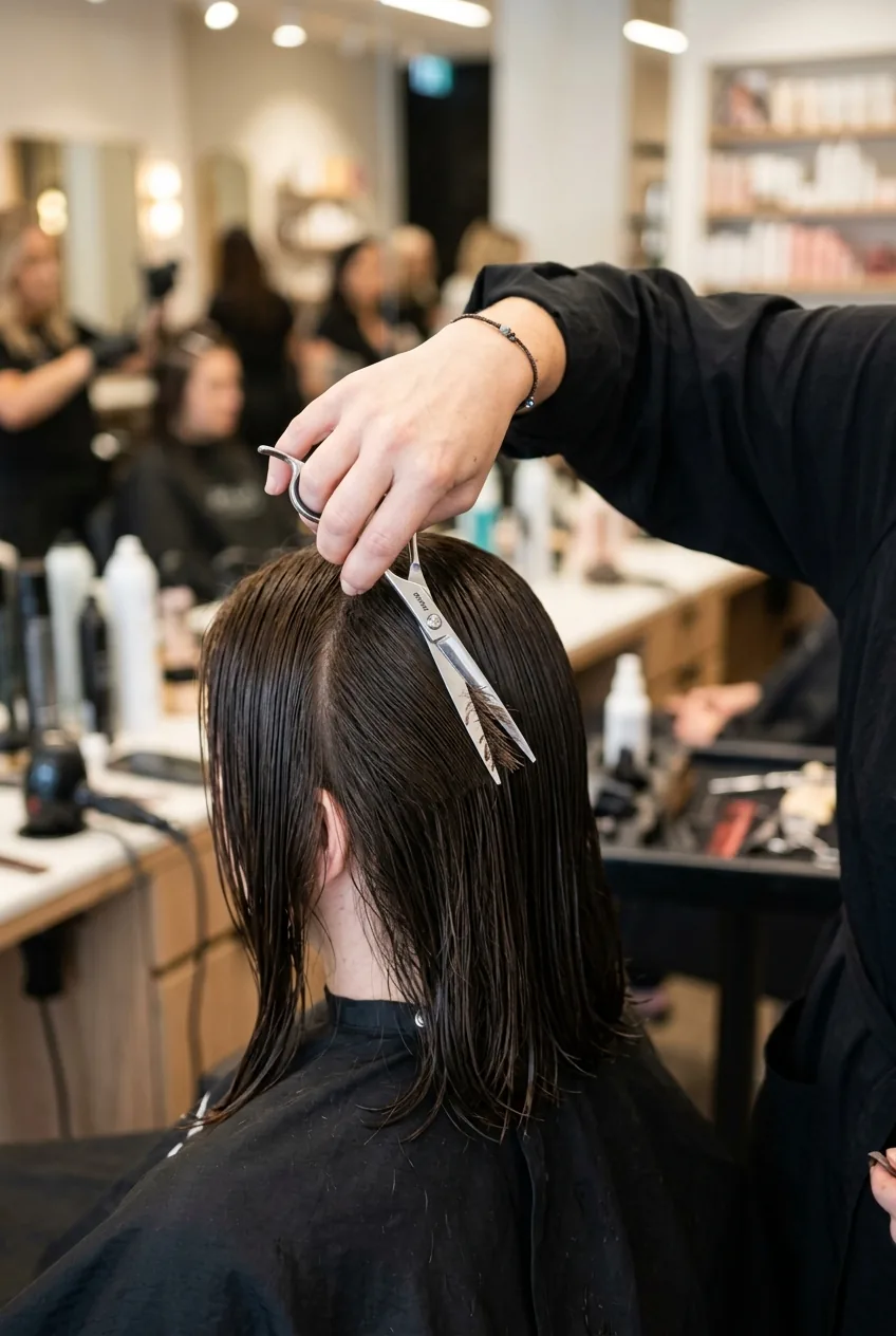 Close-up of haircutting scissors making precise baseline cut on damp shoulder length hair