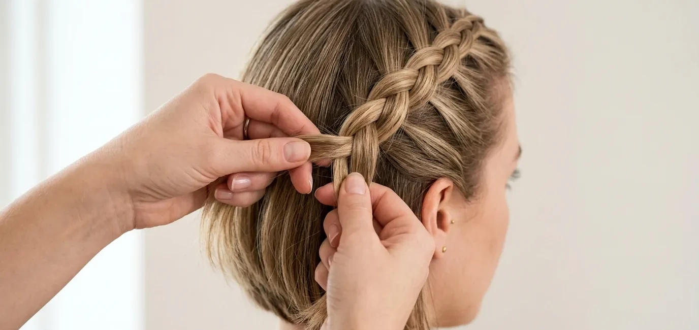 Feminine hands braiding short bob hair with three strands being interwoven in bright natural lighting
