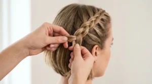 Feminine hands braiding short bob hair with three strands being interwoven in bright natural lighting