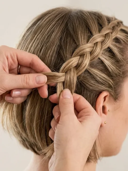 Feminine hands braiding short bob hair with three strands being interwoven in bright natural lighting