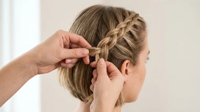 Feminine hands braiding short bob hair with three strands being interwoven in bright natural lighting