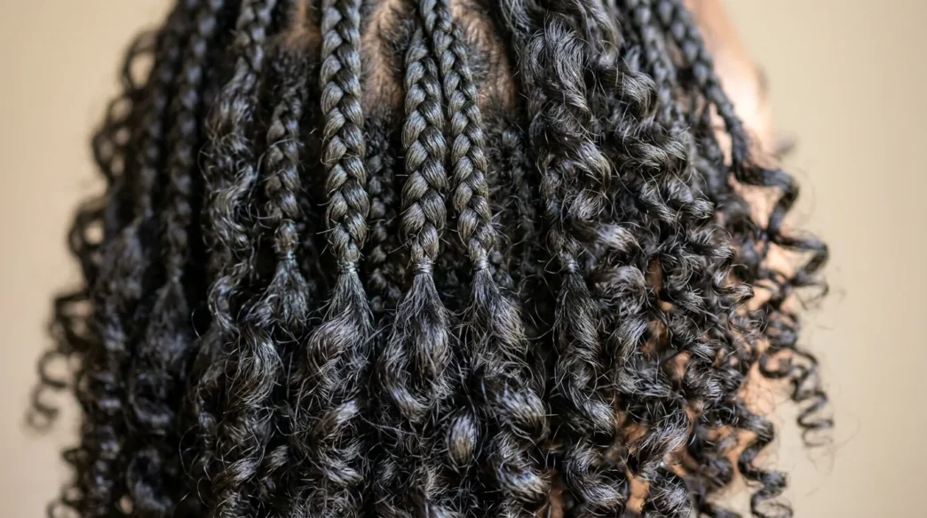 Close-up showing contrast between structured short braids and natural curl texture with dimensional movement