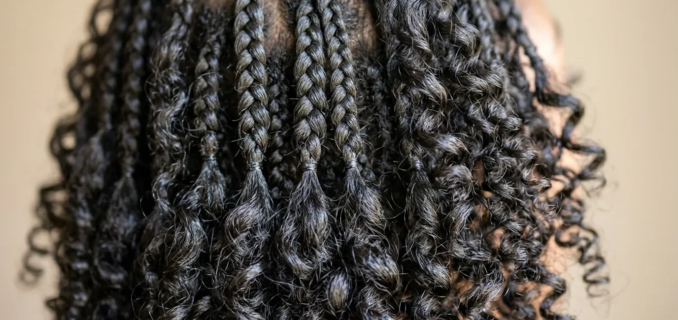 Close-up showing contrast between structured short braids and natural curl texture with dimensional movement