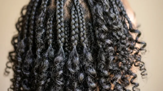 Close-up showing contrast between structured short braids and natural curl texture with dimensional movement