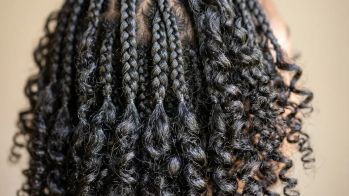 Close-up showing contrast between structured short braids and natural curl texture with dimensional movement