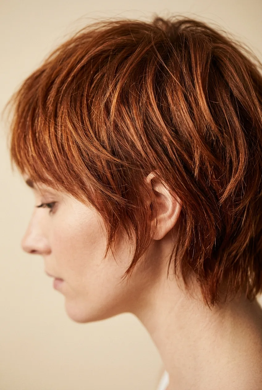 Short choppy auburn layers creating piece-y texture and definition around jawline
