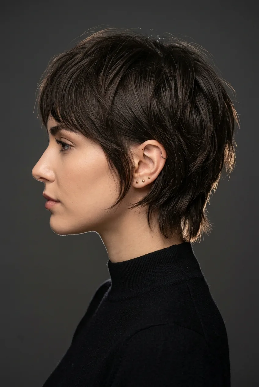 Woman with short choppy shag showing high crown layers and maximum texture