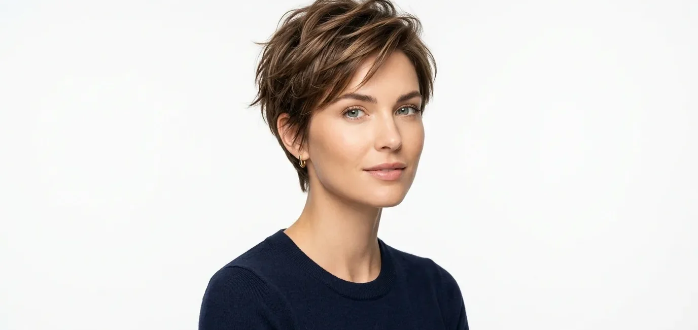 Collection of various short hairstyles on woman showcasing different cuts and textures