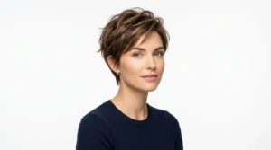 Collection of various short hairstyles on woman showcasing different cuts and textures