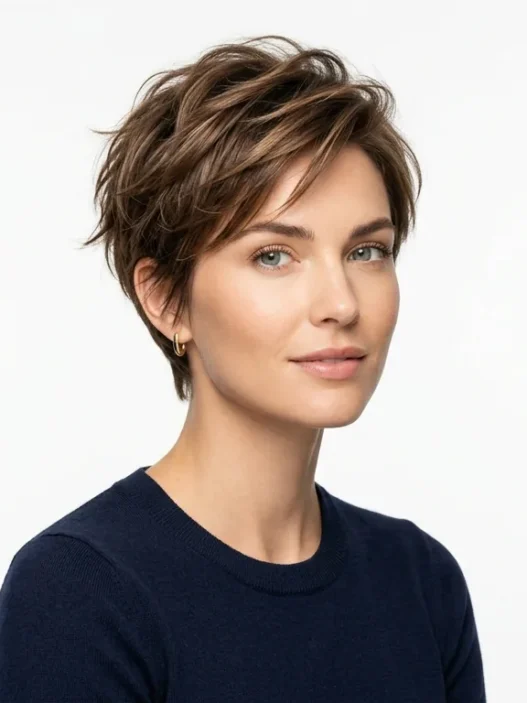 Collection of various short hairstyles on woman showcasing different cuts and textures