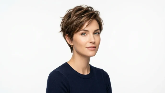 Collection of various short hairstyles on woman showcasing different cuts and textures