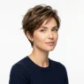 Collection of various short hairstyles on woman showcasing different cuts and textures