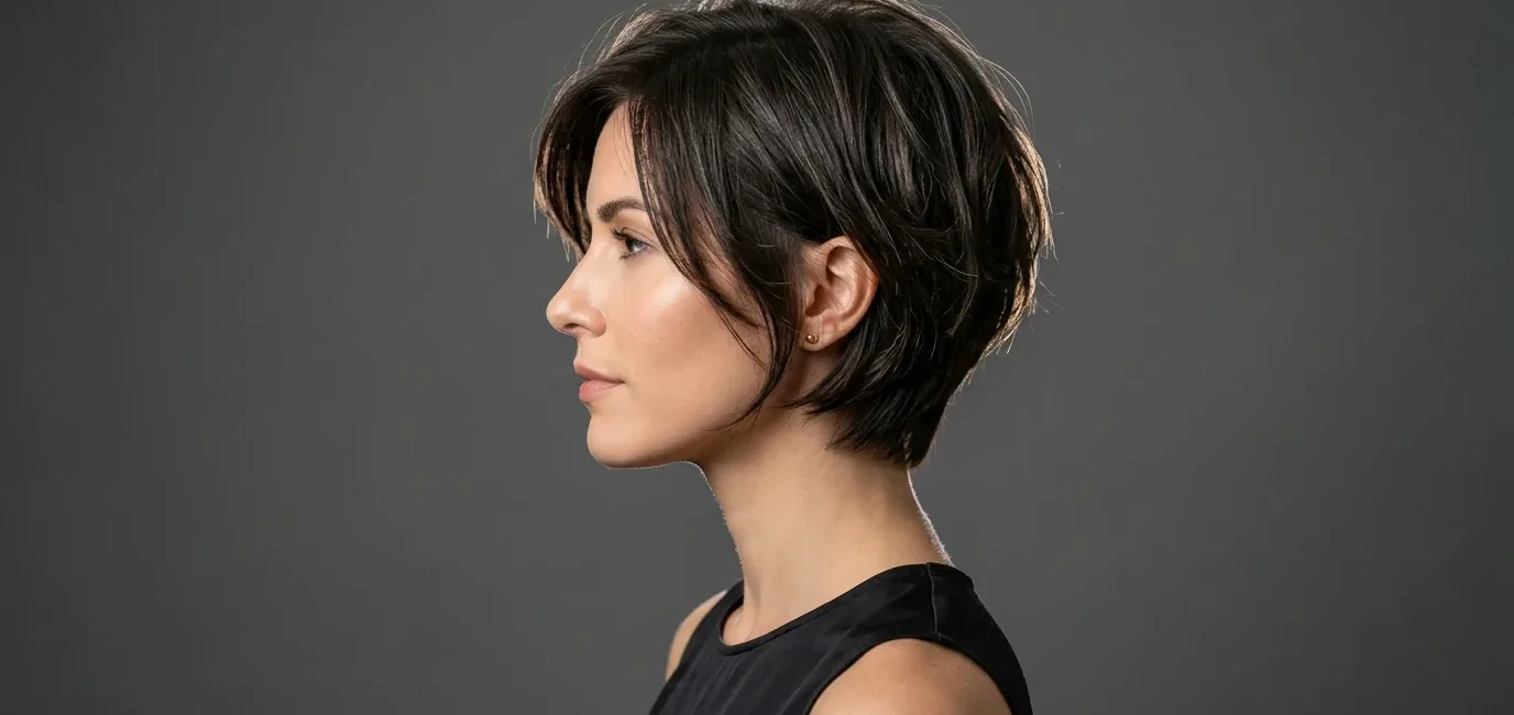 Woman with short layered haircut showing sophisticated bob styling in side profile view