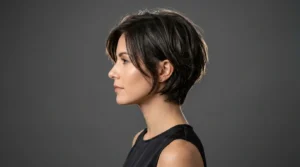 Woman with short layered haircut showing sophisticated bob styling in side profile view