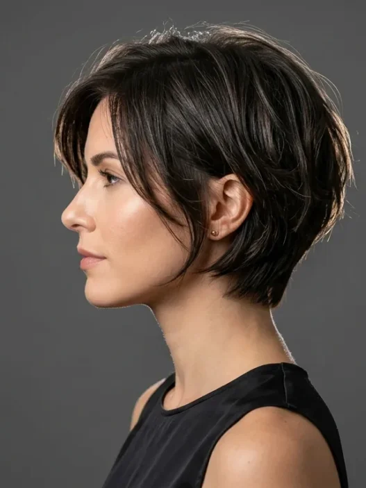 Woman with short layered haircut showing sophisticated bob styling in side profile view