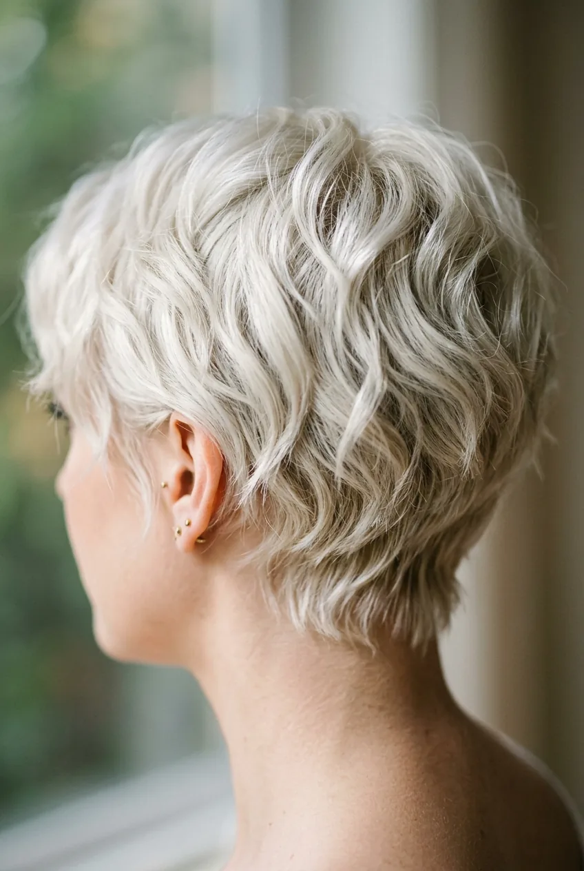 Short platinum pixie cut with natural wavy texture and finger-styled movement