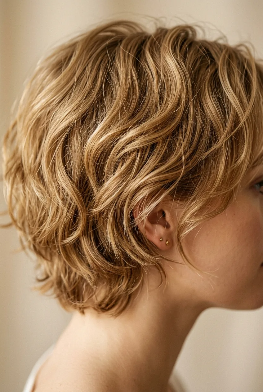 Short textured layers in honey blonde hair styled with natural waves