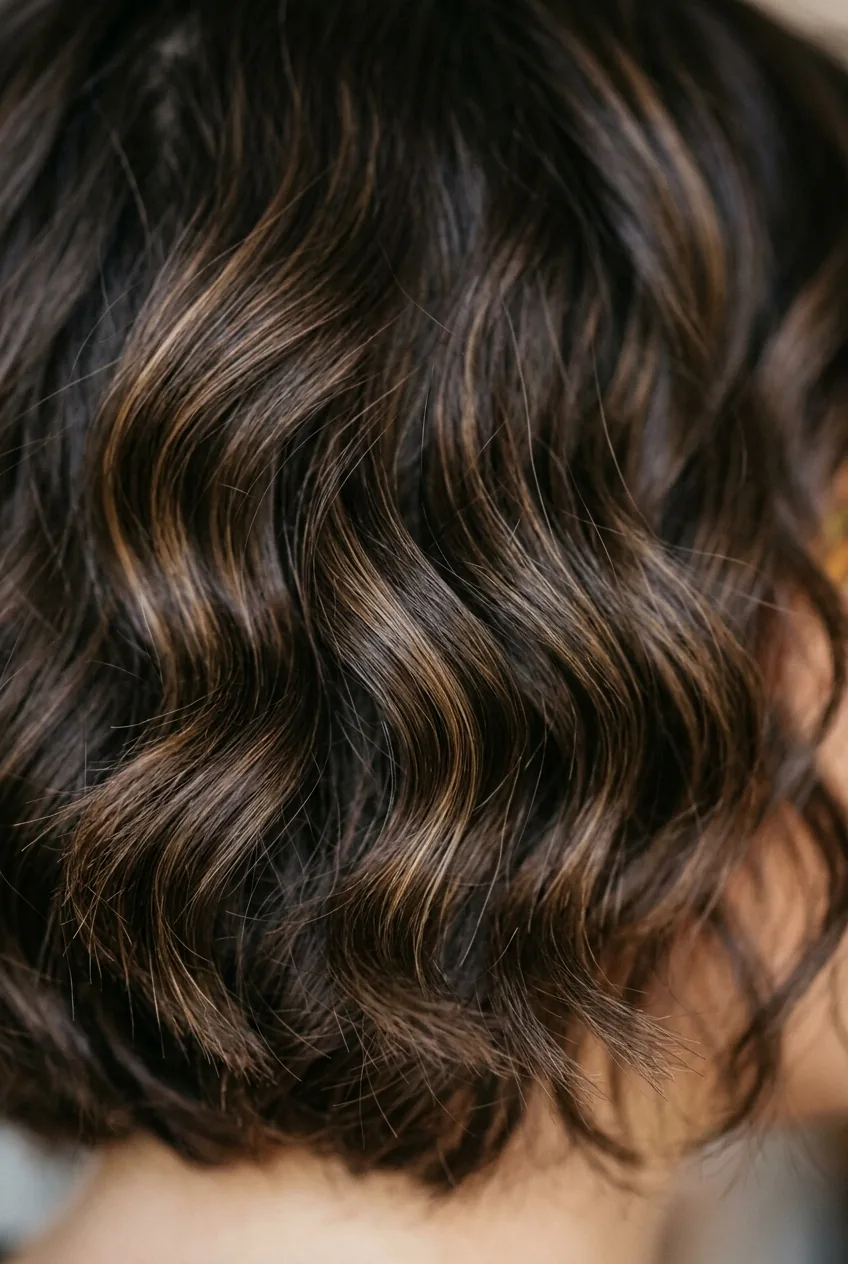 Short wavy hair with natural volume at roots showing lift and bounce in warm lighting