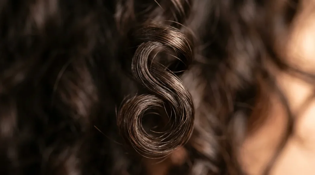 Close-up macro view of defined wave pattern in short hair showing natural curl structure and light reflection