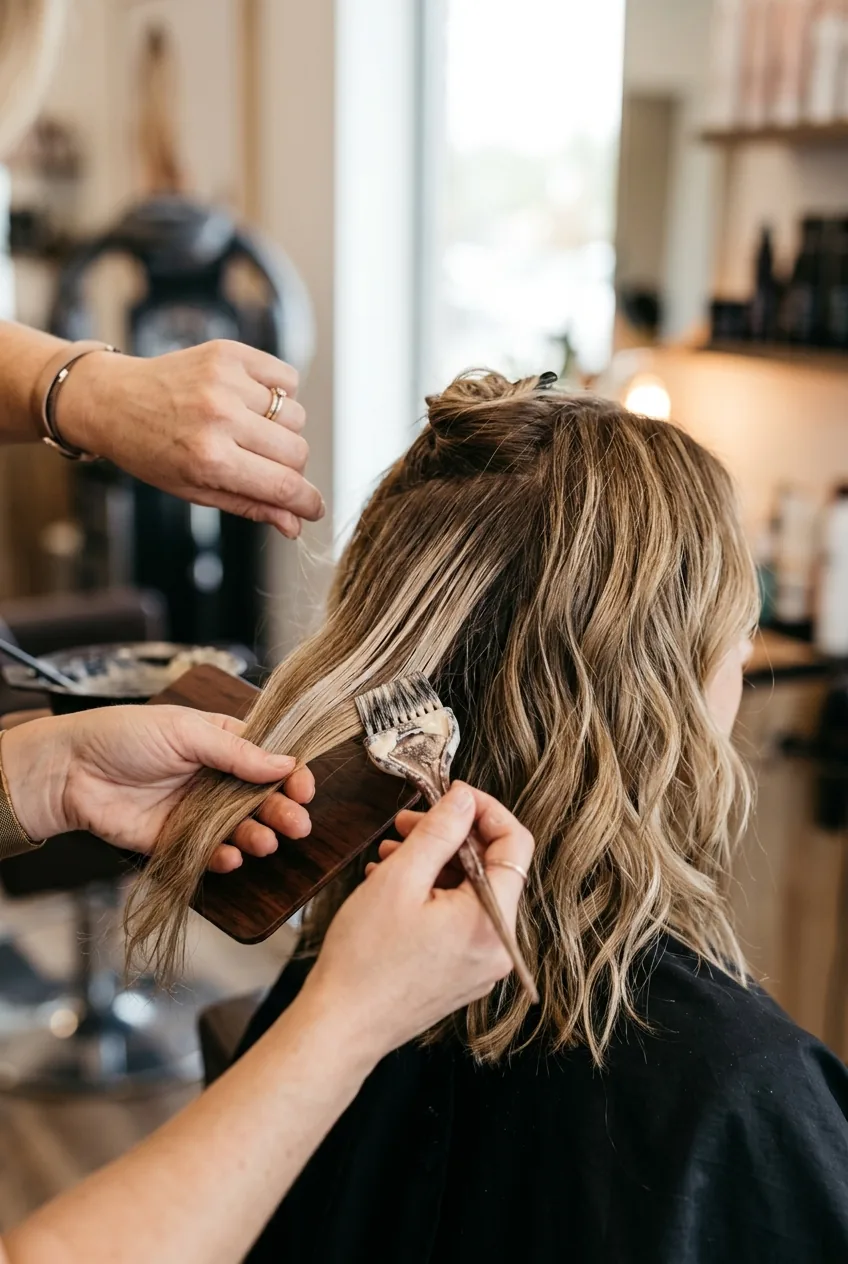 Close-up of balayage painting technique being applied to shoulder-length brown hair