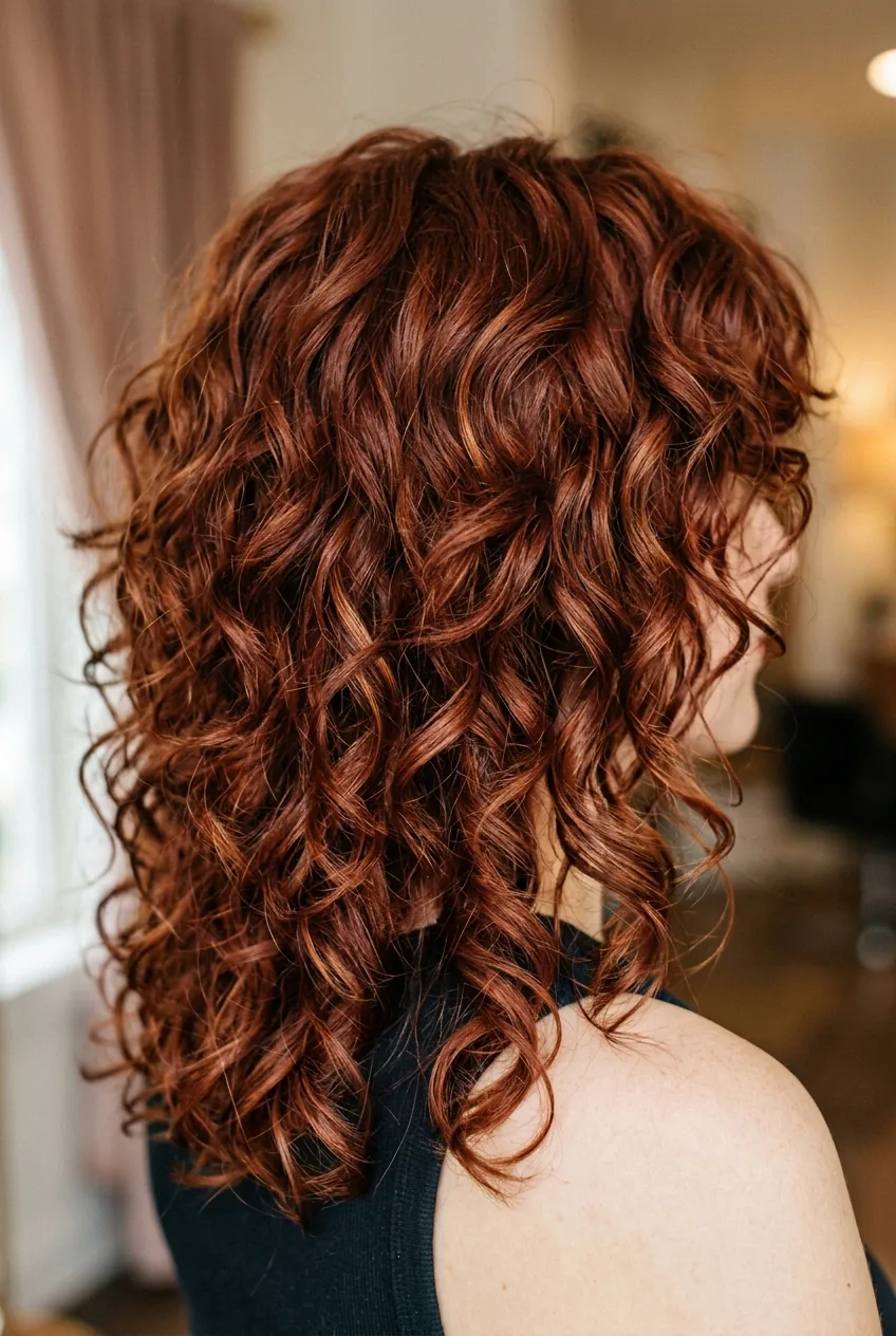 Shoulder-length curly shag with choppy layers in auburn red showing textured movement