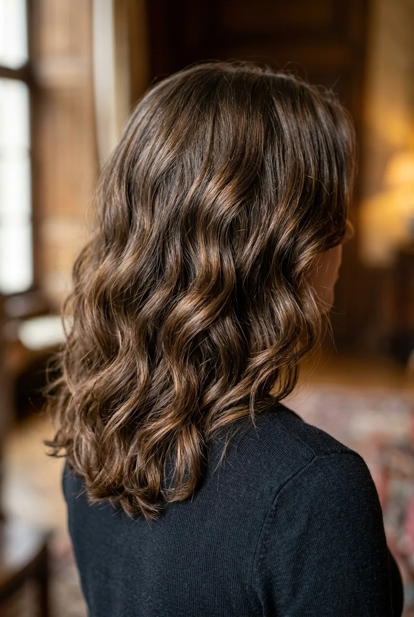 Shoulder-length thick wavy hair with face-framing layers and natural wave formation