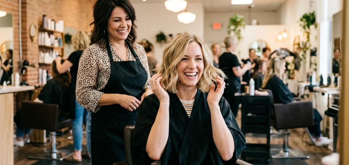 Woman admiring her new shoulder length haircut in salon mirror with stylist standing behind her proudly