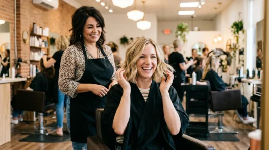 Woman admiring her new shoulder length haircut in salon mirror with stylist standing behind her proudly