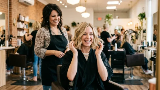 Woman admiring her new shoulder length haircut in salon mirror with stylist standing behind her proudly
