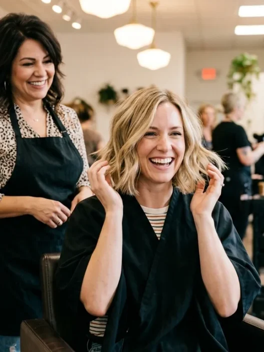 Woman admiring her new shoulder length haircut in salon mirror with stylist standing behind her proudly
