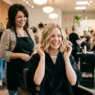 Woman admiring her new shoulder length haircut in salon mirror with stylist standing behind her proudly