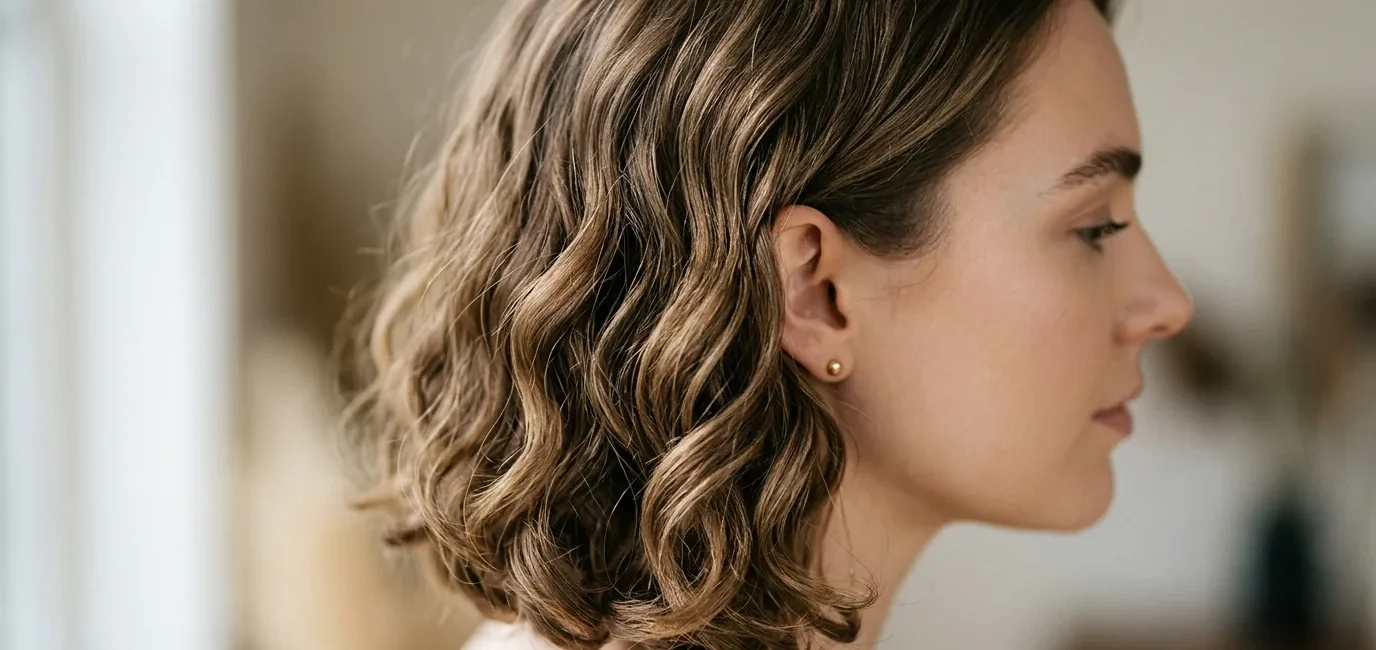 Woman with shoulder-length lob hairstyle showing loose waves and natural texture